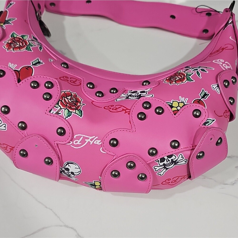 Y2K STYLE - Ed Hardy Pink Stud Shoulder Bag Skull Rose Graphic- see description - Picture 16 of 16
